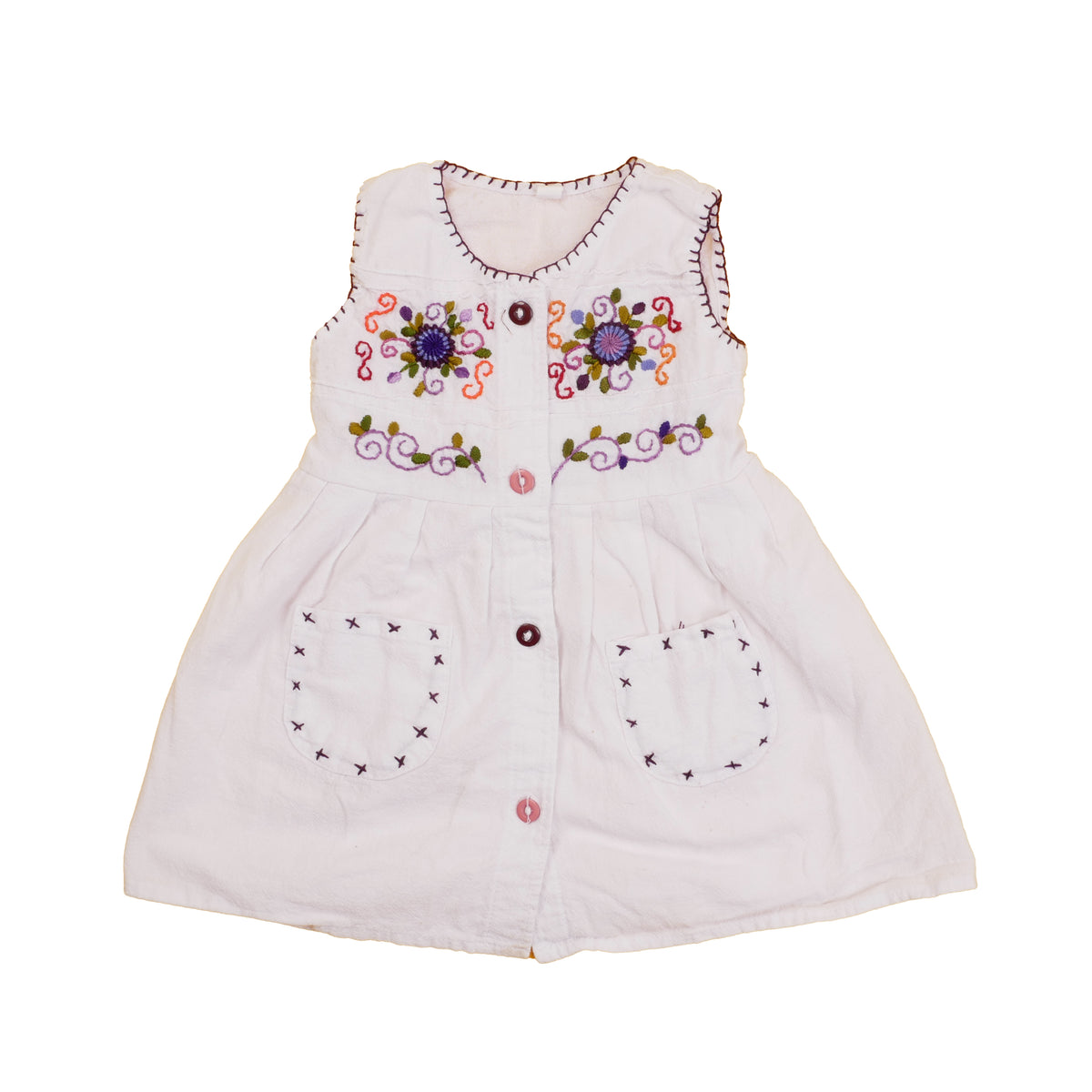 Vintage Hand Embroidered Folk Kids Dress - S